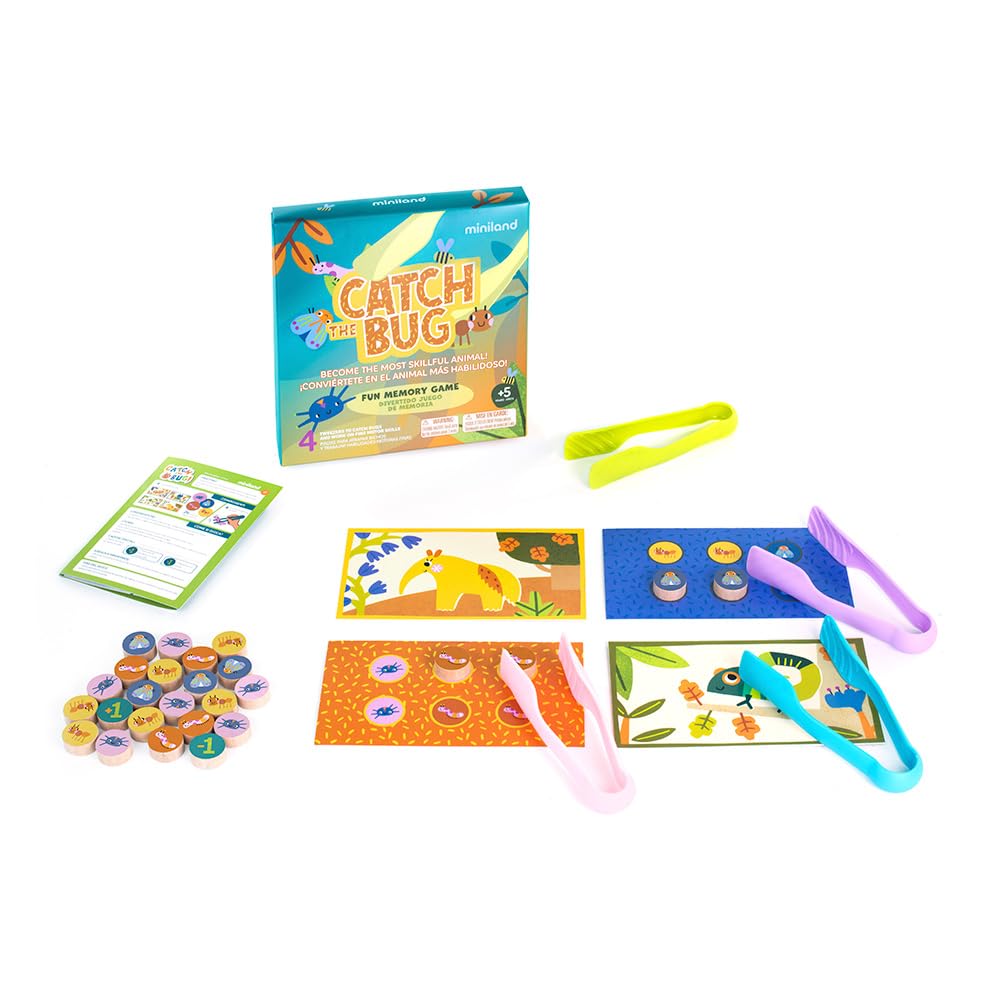 Miniland - Catch The Bug | Board Game for Kids 5+, Develops Fine Motor Skills, Wooden Bugs, Tweezers and Game Boards