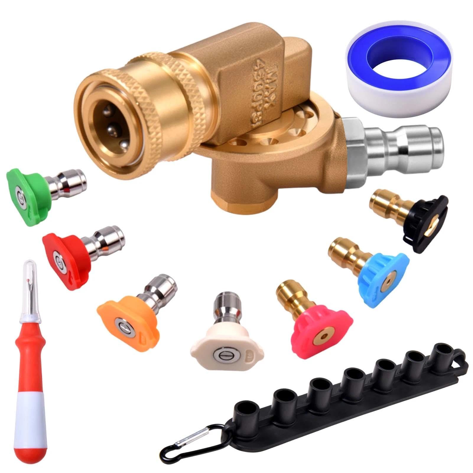 LEONTOOL Pressure Washer Pivoting Coupler Kit 1/4" Quick Connect 240 Degree Rotation with 7 Angles, 7 Spray Nozzle Tips for Pressure Washer Spray Nozzle, Clean Hard to Reach Area