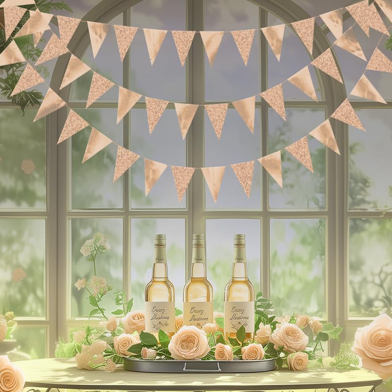 Image of Champagne Hanging Triangle Flag Pennant Garland Champagne Hanging Paper Pennant Streamer Paper Triangle Flag Bunting Banner for Graduation Wedding Engagement Birthday Party Decor 30 Feet