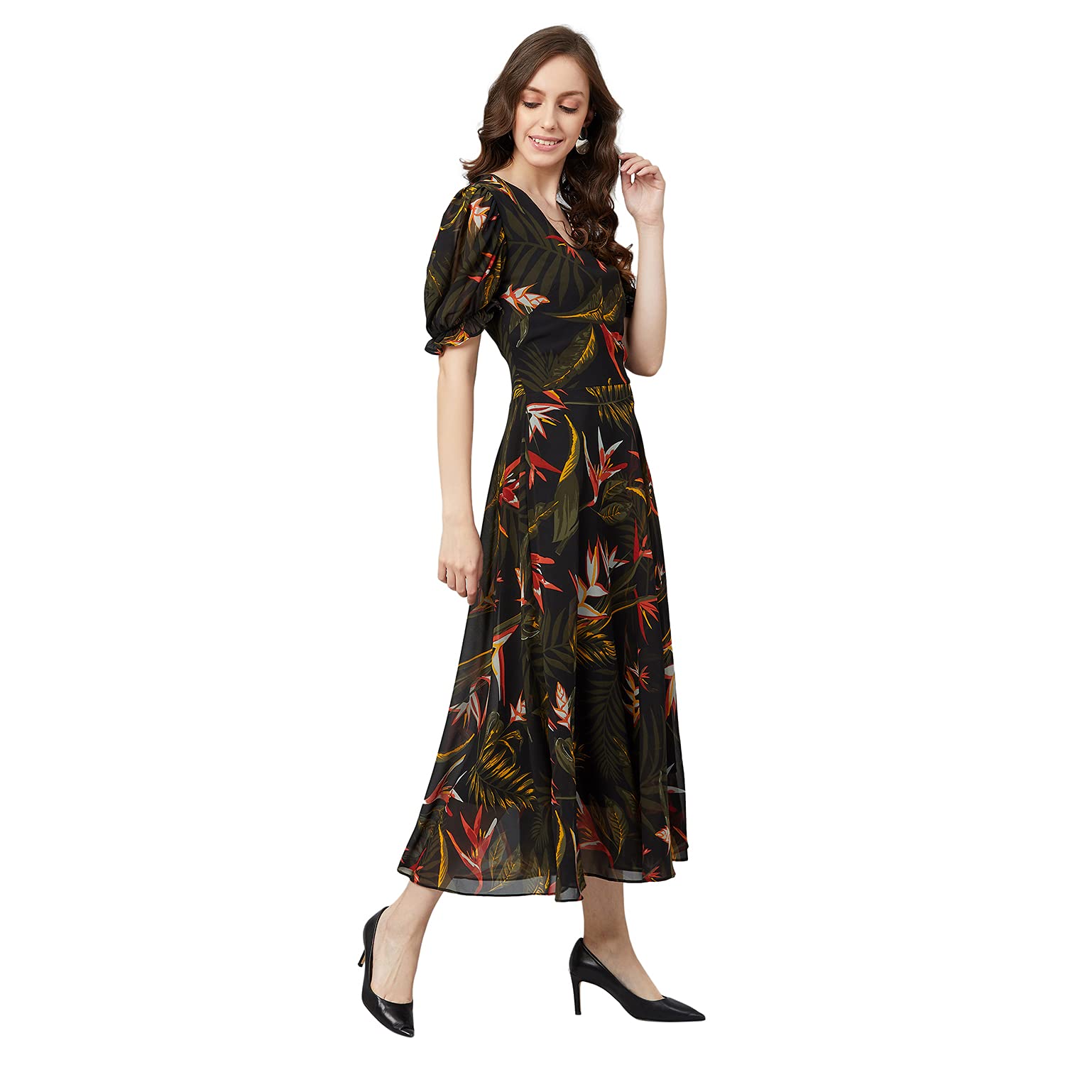 Rare Women's Georgette Fit And Flare Midi Casual Dress (Ep6504_Black_Medium)