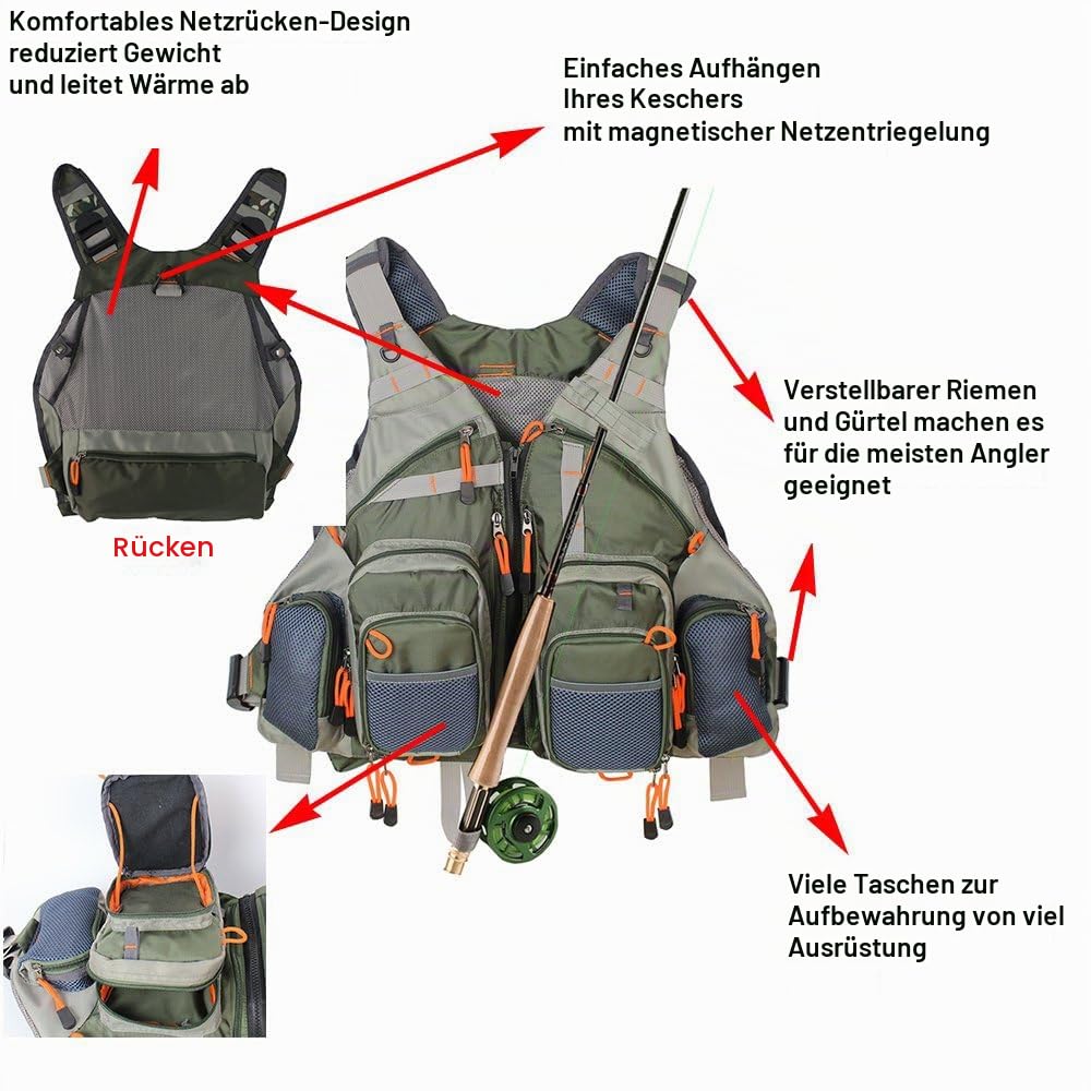 Kylebooker Fliegenfischen Weste Angelweste Einstellbare Größe Maschen Multi-Taschen Jacke