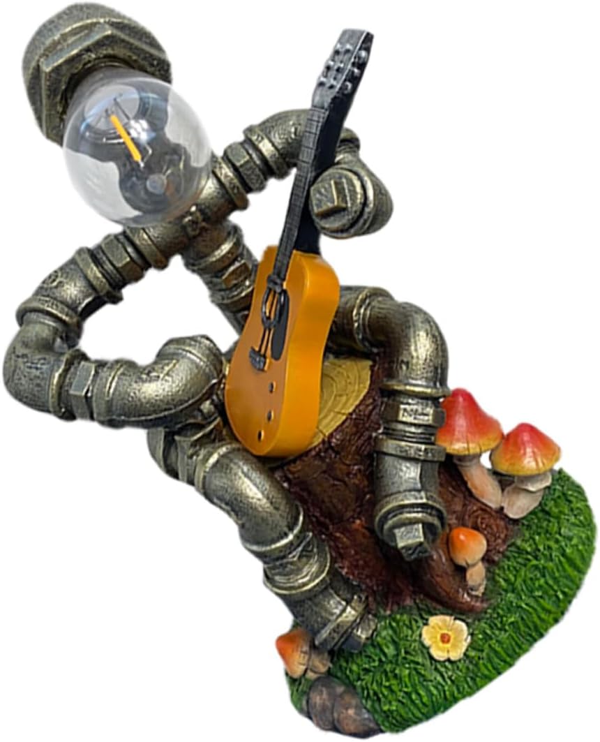 Vintage Solar Powered Robot Garden Lamp, Resin Decorative Outdoor Figurine Light for Patio Yard, Creative Retro Iron Pipe Robot Ornament