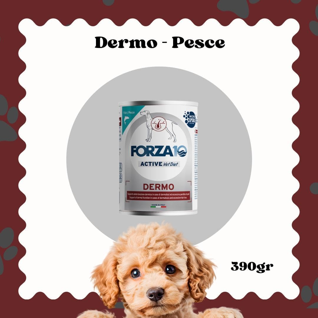 Forza 10 Umido Cane DERMO, alimento completo dietetico per cani adulti di tutte le taglie e razze ipoallergenico gusto PESCE, dermatologico, for dogs | 6 scatolette da 390 grammi l'una.