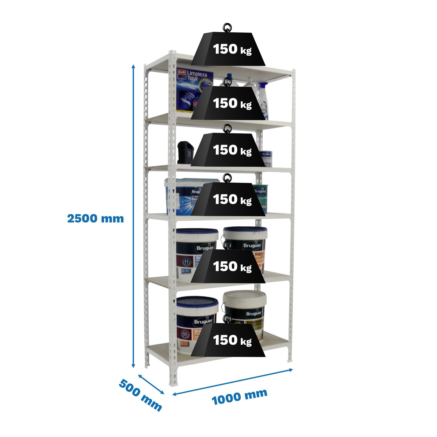 Estantería Metálica Almacenaje Sin Tornillos | 6 Alturas, Bandeja Madera, 150 kg de Punto Flexión, Blanco , Pintura anticorrosión, Montaje sistema clic
