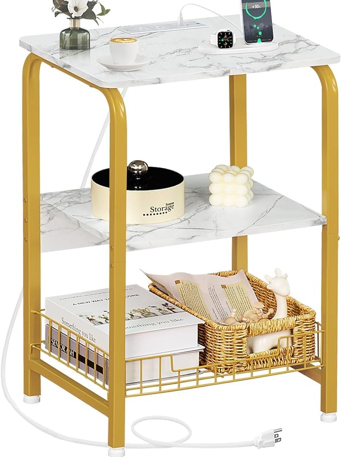 MAPPLE CREATION 3-Tier Faux Marble End Table, Slim Side Table for Small Space, Farmhouse Narrow Sofa Side Table w/Shelf and Drawer, Small Nightstand Bedside Table for Living Room, Bedroom-image-2