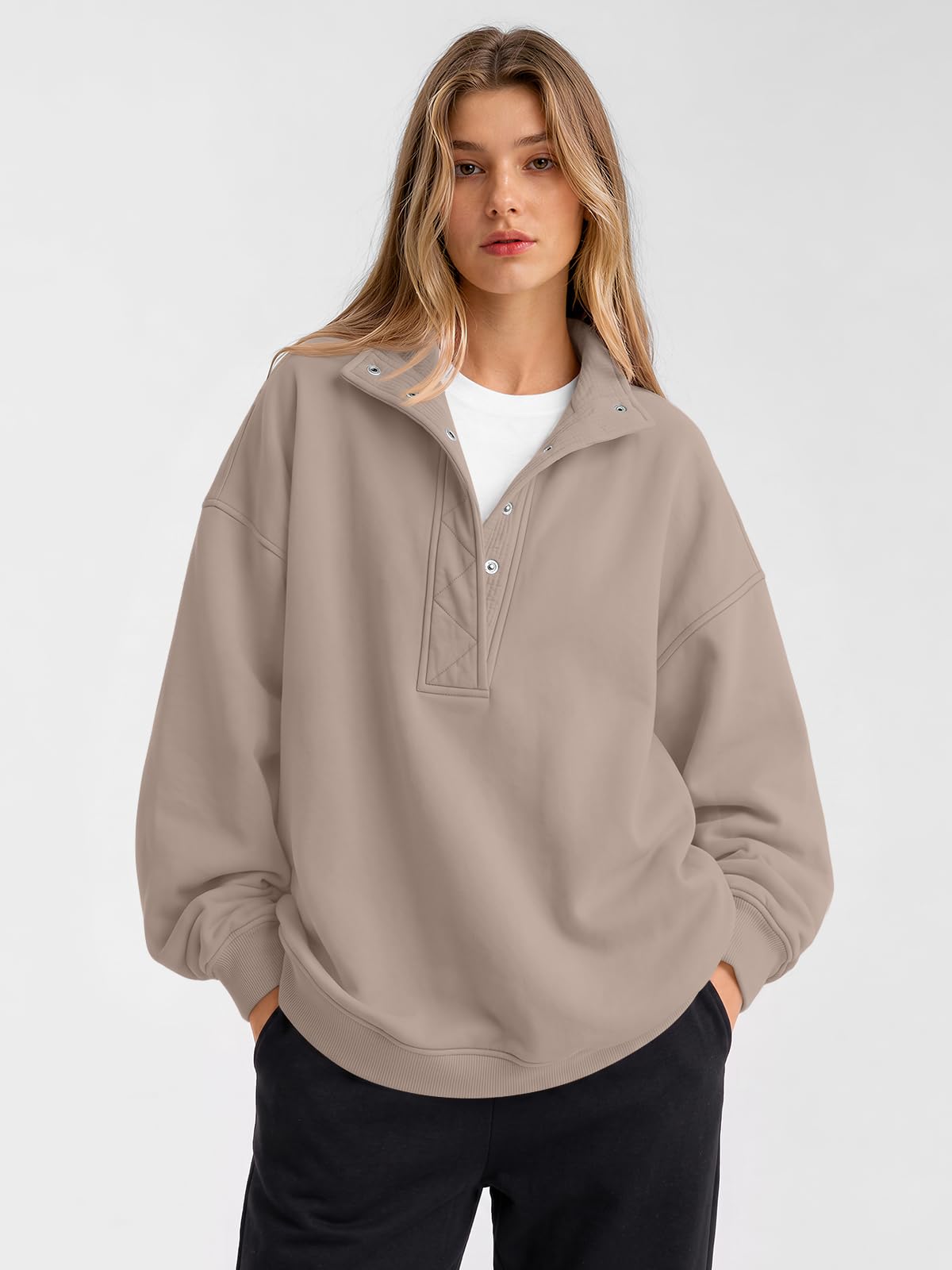 Trendy Queen Womens Oversized Sweatshirts with Snap Button Henley Collar view 3