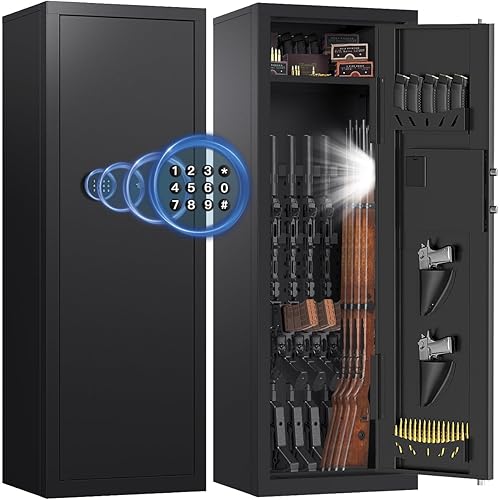 8-10 Gun Rifle Safe for Home Security – Quick Access Digital Keypad, Anti-Theft & Anti-Pry Steel Cabinet | Easy Assembly Gun Safe with Adjustable Shelves (Fits Shotguns, Pistols & Ammo)