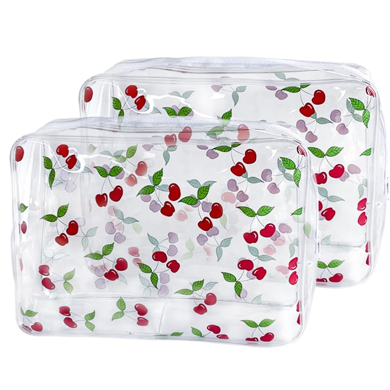 2PCS Red Cherry Transparent PVC Cosmetic Bag, Portable Waterproof Storage Bag for Girls' Cosmetics and Toiletries. (Cherry printing L-2pcs)