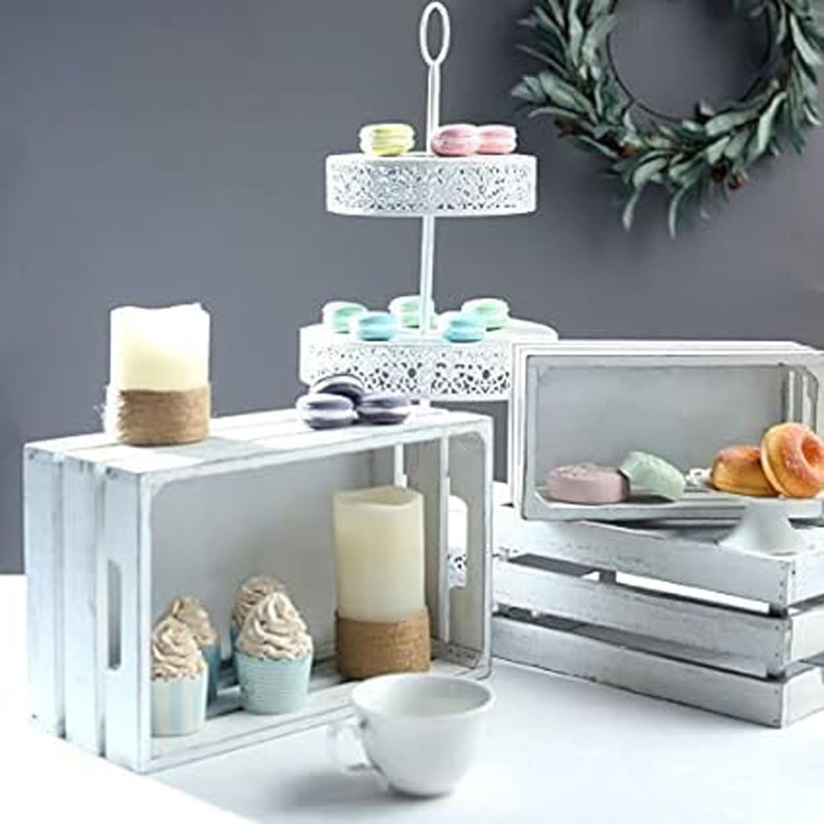 Wooden Crate,Set Of 3 Large for storage Decorative Boxes Storage Boxes For Milk,Toys,Towel,Wine,Books Nesting Wooden Storage Crates For display Solid Wood Box,(Rustic White)