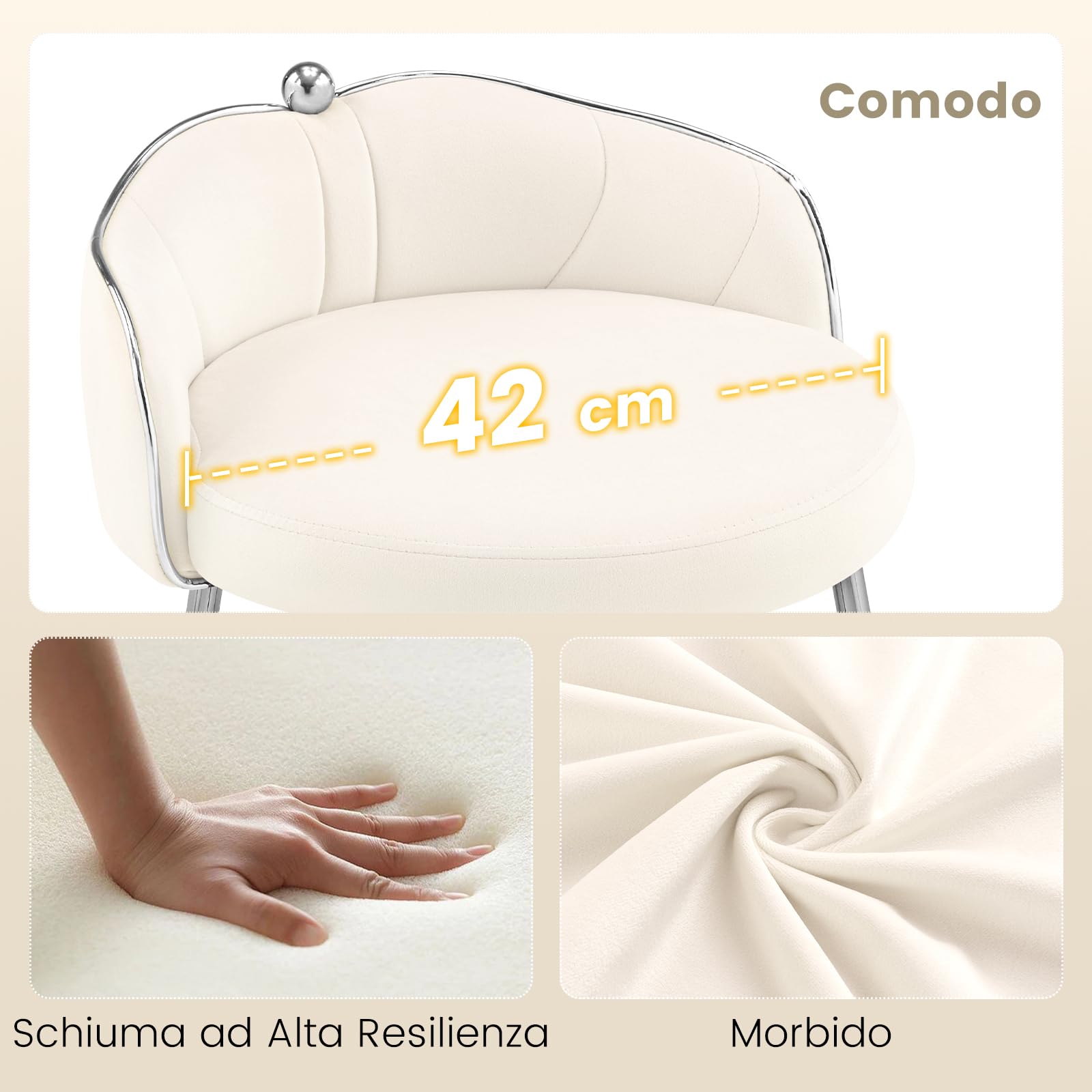 Hellove Sedia Trucco Girevole 360° in Velluto con Piedini Argento, Sgabello per Toeletta Trucco Rotondo, Pouf Poggiapiedi Pivotante con Schienale Curvo e Seduta Imbottita, Sgabelli per Camera, Beige