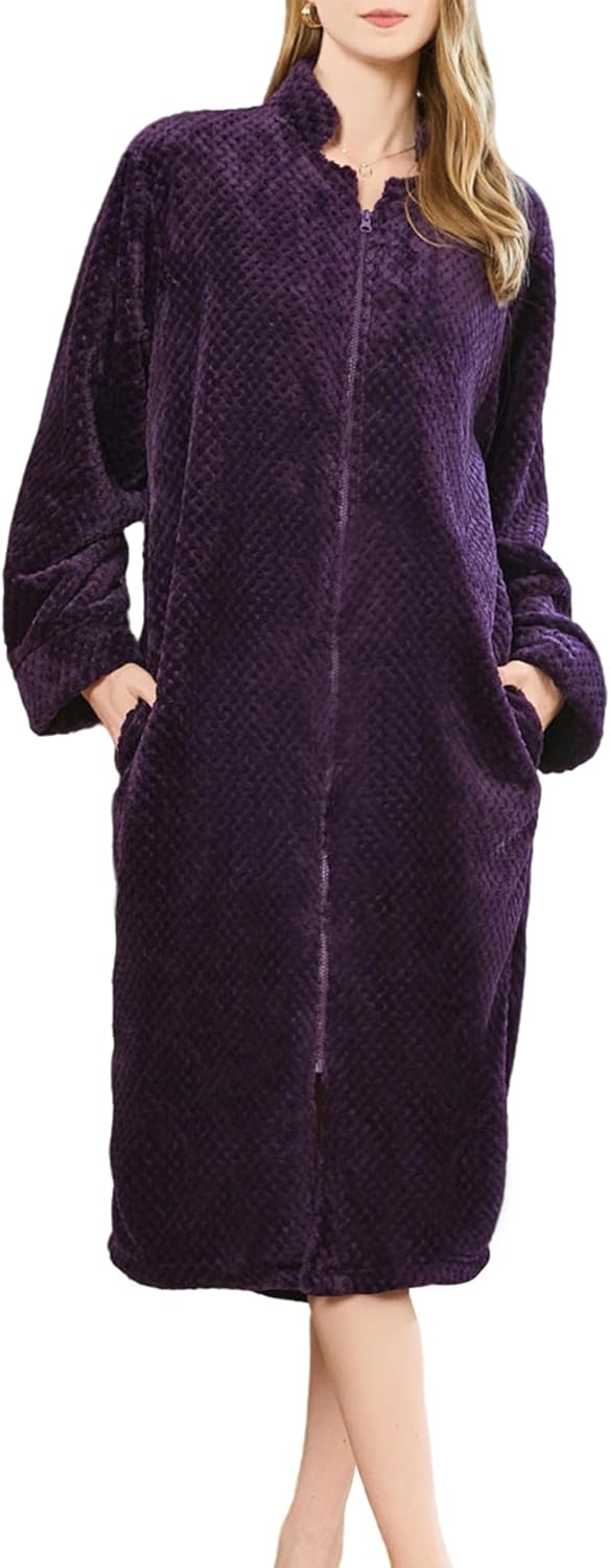 HEARTNICE Womens Flannel Zipper Robe, Soft Warm Robes for Women Cozy Long Sleeve Loungewear Luxurious Nightgown with Pockets