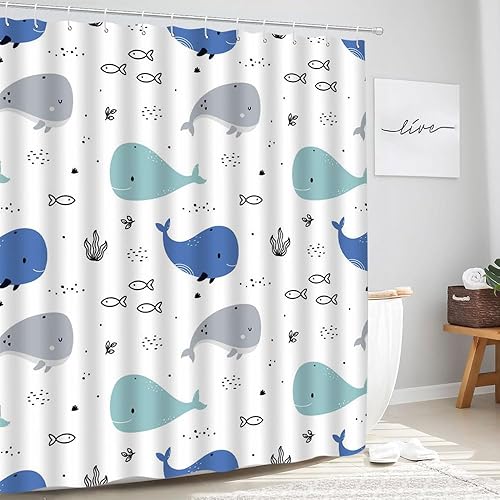 Miniatura 3 de Cortina de ducha de ballena de dibujos animados, lindo animal oceánico, azul y gris, diseño abstracto de peces náuticos, divertido para niños y