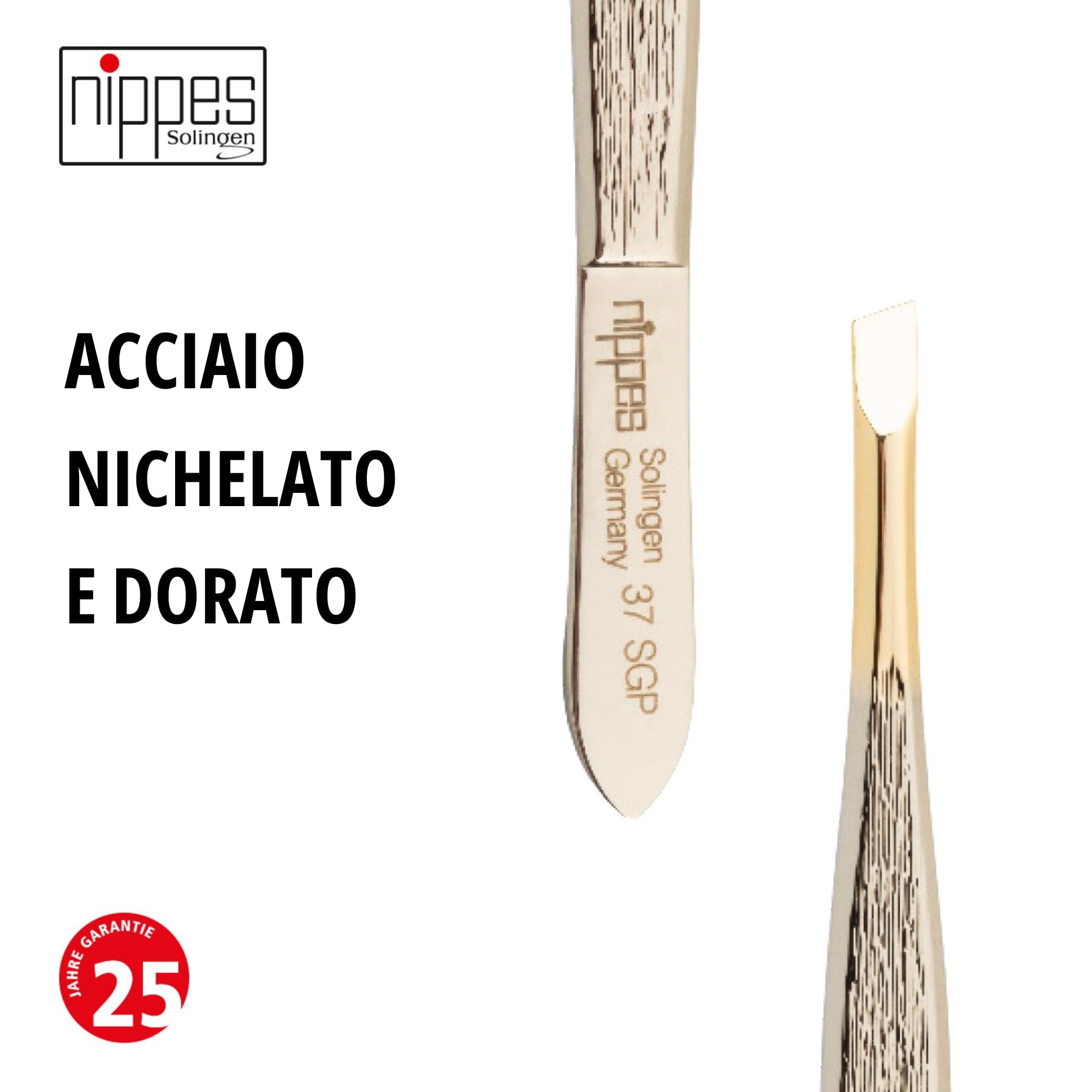 nippes Solingen, Pinzetta 37SGP per rimuovere peli fini, in acciaio nichelato 9 cm, punta dorata, 1 pezzo