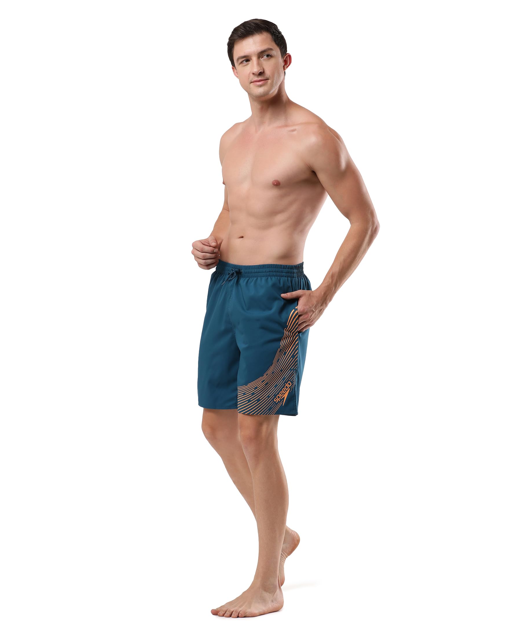 Speedo Men's Xpress Lite Essential Medley Logo Printed Watershorts - Dark Teal & Sweet Apricot 4