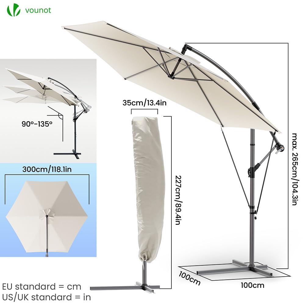 VOUNOT® 300 cm Parasol Excentrico, Sombrilla de Jardín con Manivela, Funda Protectora y Correa de Fijación, Protección UV, Beige