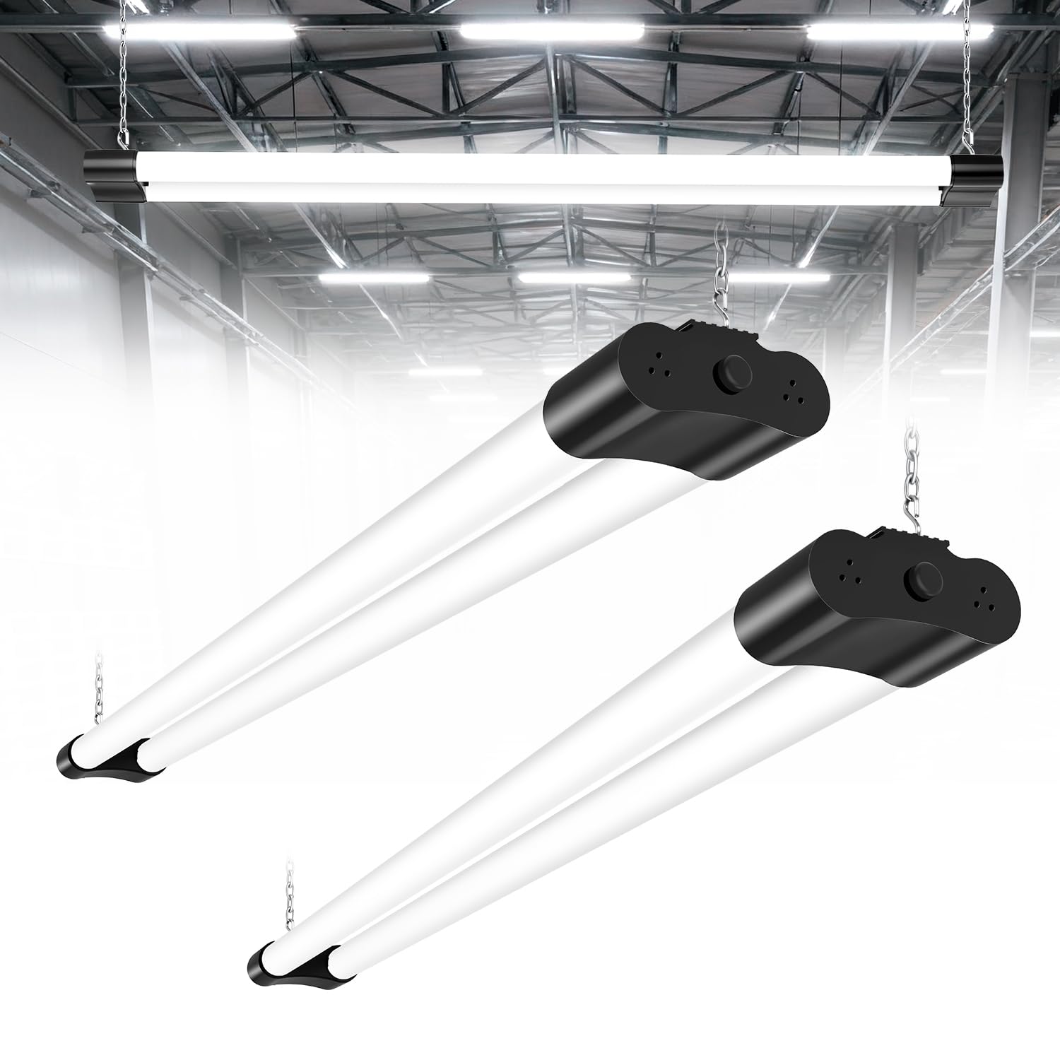 Viugreum 4FT LED Batten Light 2 Packs, Waterproof Plug in Ceiling Lights, Daylight 6500K T8 Strip Light 42W 5000 Lumen Shed Lights, 1.5M Cable with Switch for Garage Loft Workshop Office Warehouse