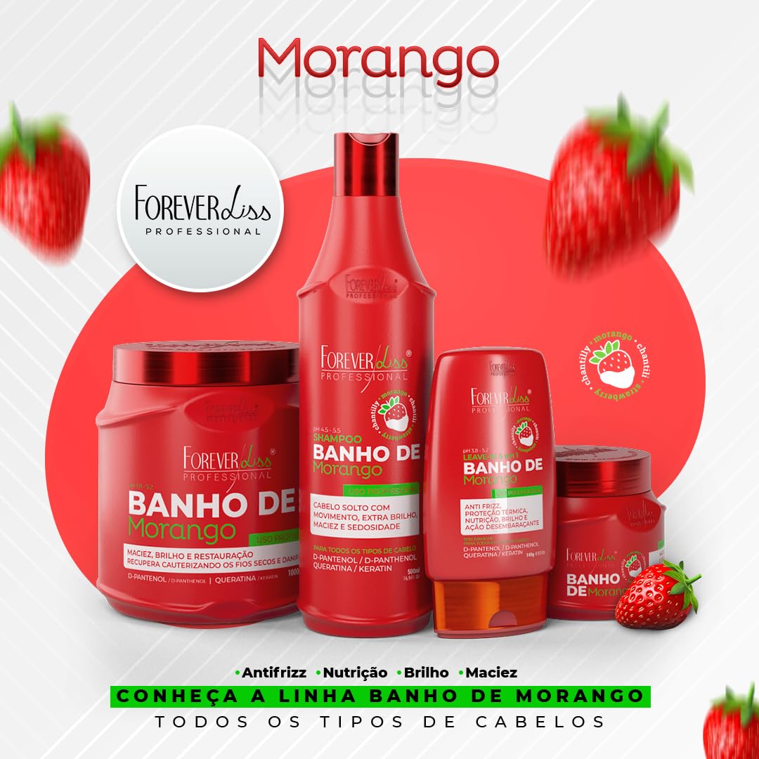 Forever Liss - Linha Banho de Verniz Morango - Mascara Nutricao e Brilho 1000 Ml - (Colección de baño de barniz de fresa - Red de máscara nutrición y brillo 35 oz)