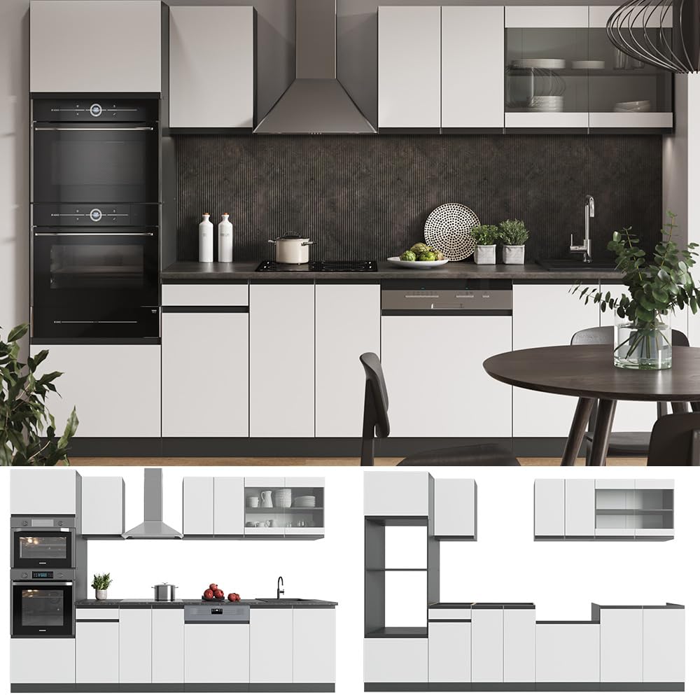 Vicco Küchenzeile R-Line, Weiß/Anthrazit, 300 cm J-Shape, mit Hochschrank, ohne Arbeitsplatte, geeignet zur flexiblen Erweiterung mit Zusatzmodulen