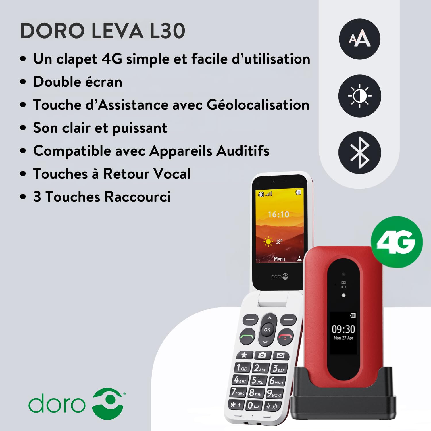 Doro - Leva L30 - Téléphone Portable Senior - Téléphone À Clapet 4G Débloqué - Écran Externe - Son HD - Appareil Photo -Touche d'Assistance avec GPS - Socle Chargeur Inclus - Rouge/Blanc