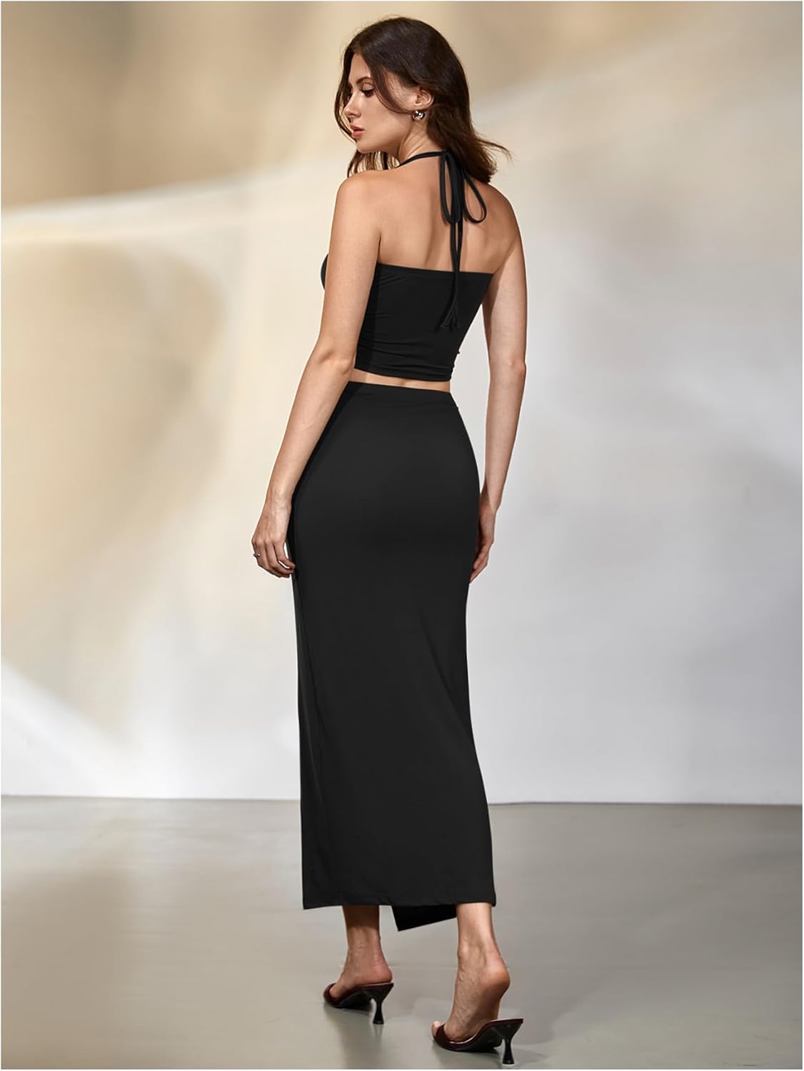 Verdusa Women's 2 Piece Vacation Outfits Ruched Crop Halter Top with Slit Bodycon Long Skirt Going Out Sets - Image 5