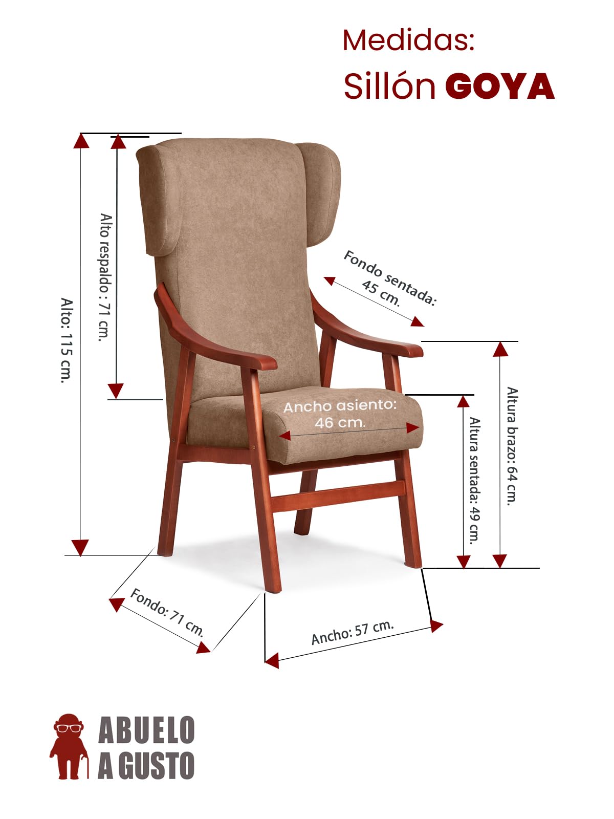 Silla Ergonómica con Brazos y Orejas Apoyacabeza en Madera de Cerezo. Tapizado Antimanchas para Personas Mayores o Geriátrico (115 x 71 x 57 cm) [Tostado]