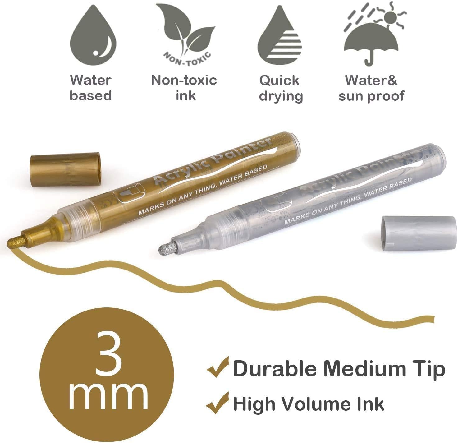 FEELHIGH Acrylic Permanent Paint Marker Pen Medium For Art Rock Painting, Stone, Wood, Canvas, Glass, Metal, Ceramic, Tire, Graffiti, Paper, Drawing, Highlight Water-Based Paint Sets (Gold)