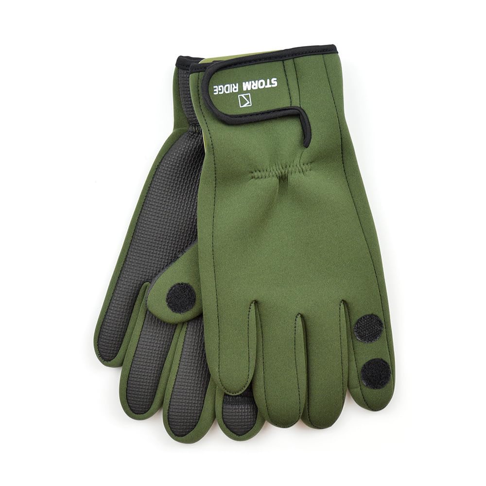 GM Apparel Mens Neoprene Gloves - Fishing Hunting Shooting Sports Outerwear with Rubber Grip Palm and Fold Back Fingers, Thumb and Index, Perfect for Fishing Hiking, Outdoor Use (Green, M-L)
