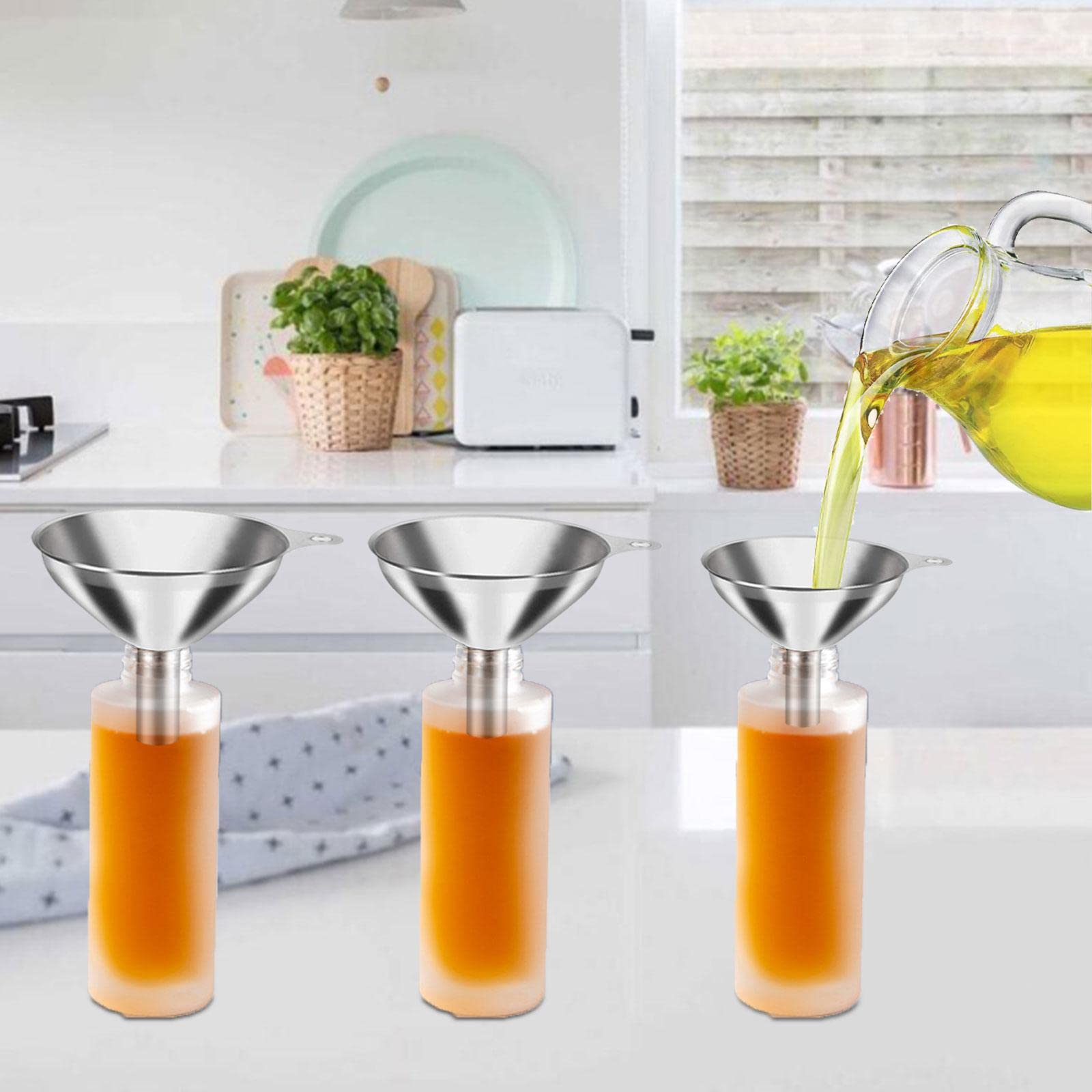5X Juego de 3 Embudos de Cocina de Acero Inoxidable Multiusos de Alimenticio con Asas para Transferir Alimentos Sólidos E Ingredientes de Aceite Lí