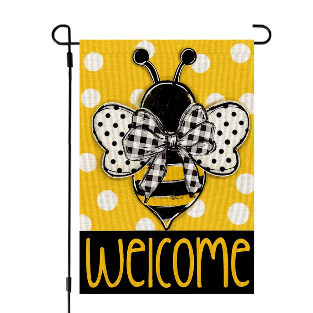 CROWNED BEAUTY Summer Bee Garden Flag Polka Dots 12x18 Inch Double Sided for Outside Welcome Burlap Small Seasonal Yard De...