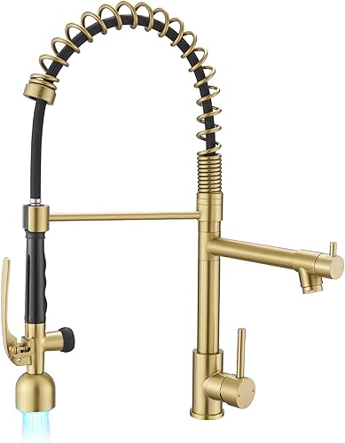 Fapully Grifo de cocina LED de un solo nivel de arco cepillado de oro cepillado, grifos de fregadero de cocina de un solo nivel con rociador