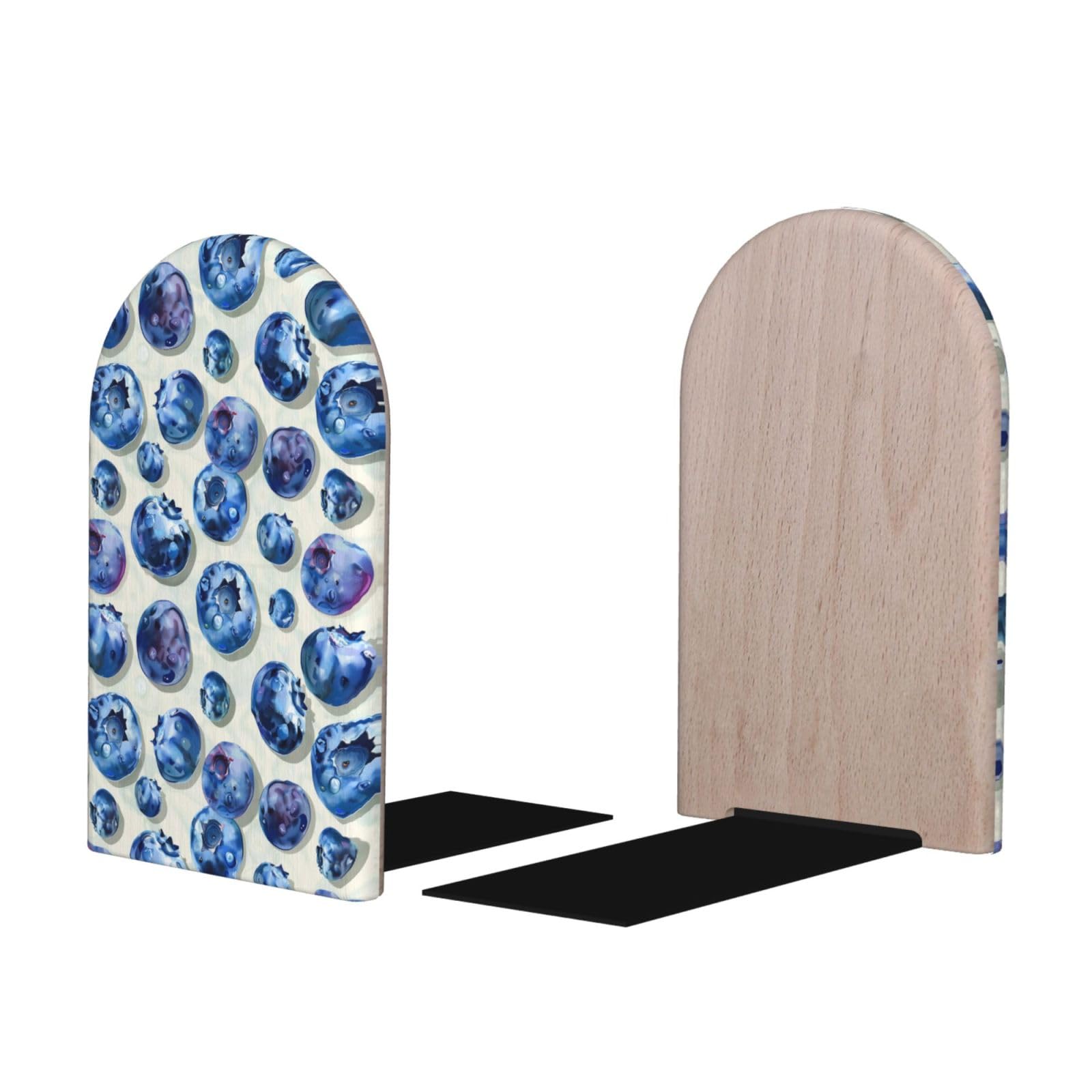 Blueberries Print BookEnds 1 Pair, Decorative Bookends for Heavy Books, Wood Book Ends for Shelves, Book Organizer for Home Desk Office Supplies