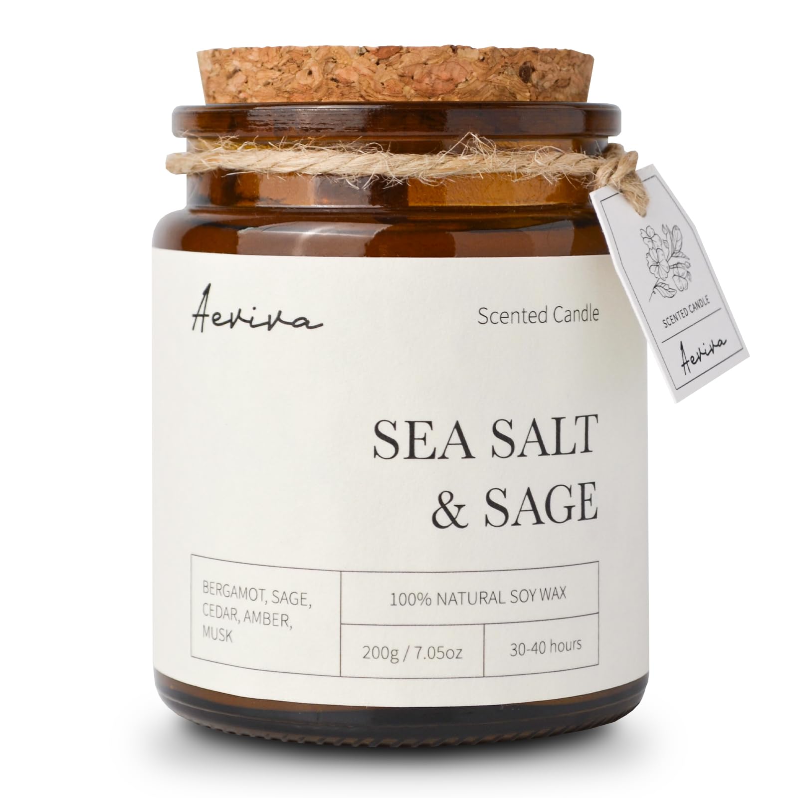 Aeviva Scented Candle, 7.05 oz Sea Salt & Sage Aromatherapy Candle, Natural Soy Wax with Wooden Wick, Candles for Home Scented, Stress Relief Amber