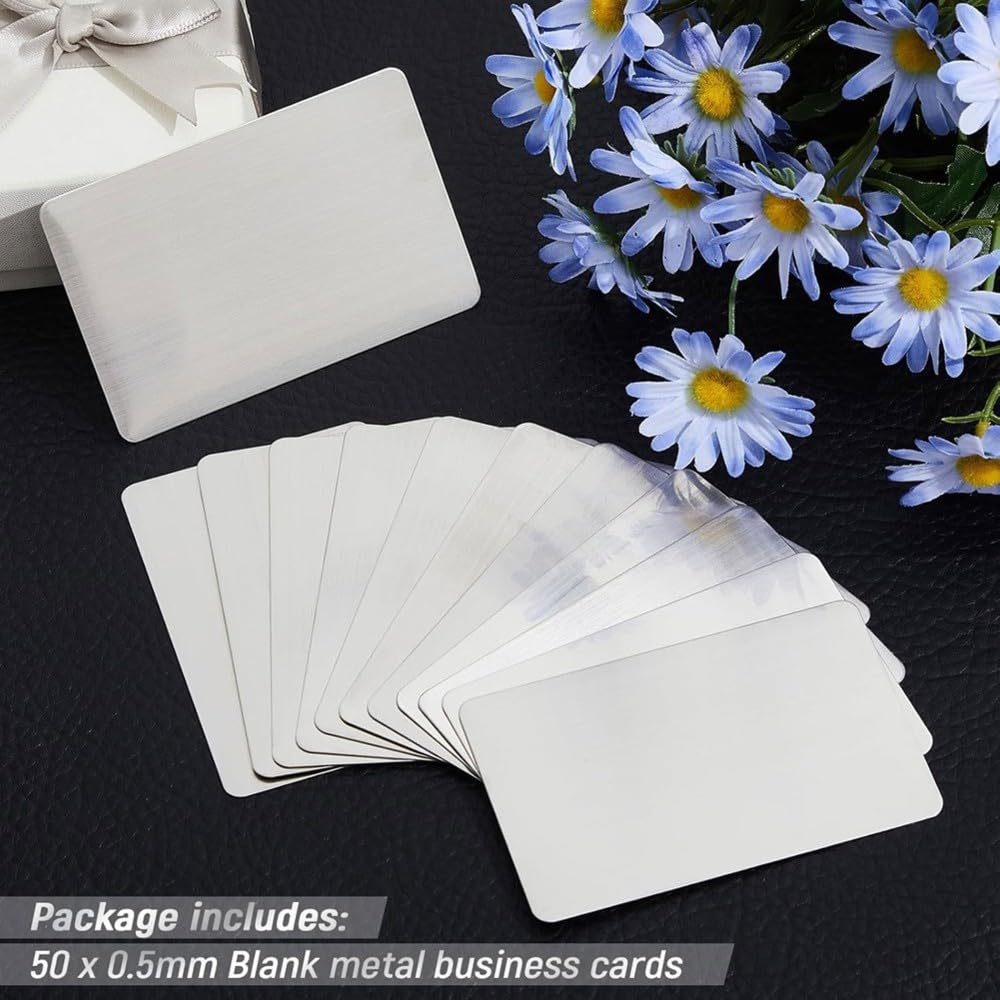 50Pcs 304 Stainless Steel Business Cards, 0.5mm Thick Cards 3.4 X 2.1 Inch for Offices, Home, VIP Customer DIY Gifts
