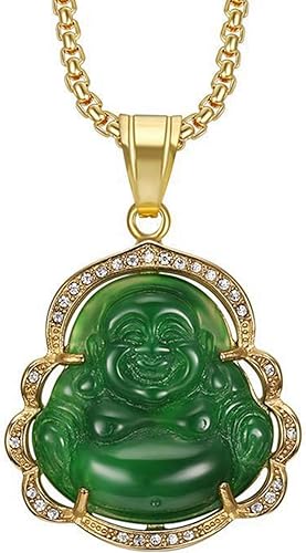 COLORFUL BLING Lucky Laughing Buddha - Collar con colgante de jade verde con circonita cúbica, amuleto de piedras preciosas para mujeres y hombres
