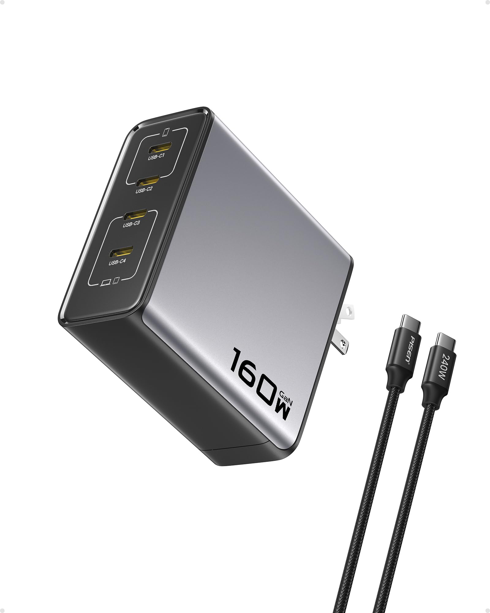 PISEN 160W USB C Charger - PD3 1 GaN Fast Charger USB C 4-Port Foldable Charging Block 160Watt