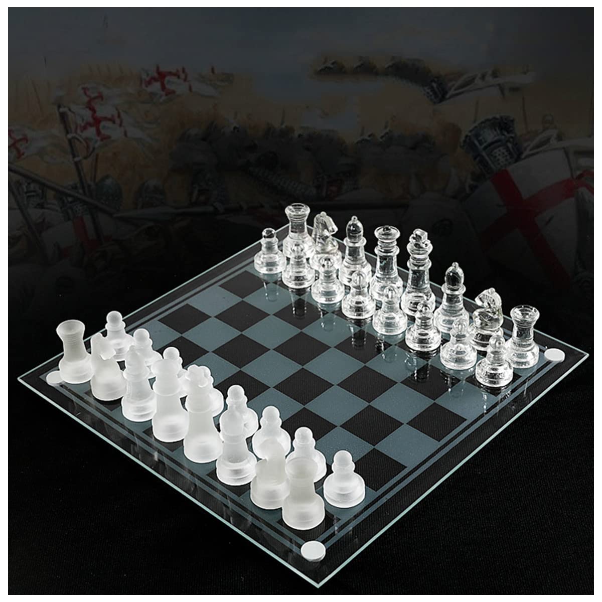 HLGQ Exquisite Glass Chess Game Set with Solid Glass Pieces and Crystal Mirrored Board, Family Fun Game, Gift for Teenagers and Adults 25cmX25cm