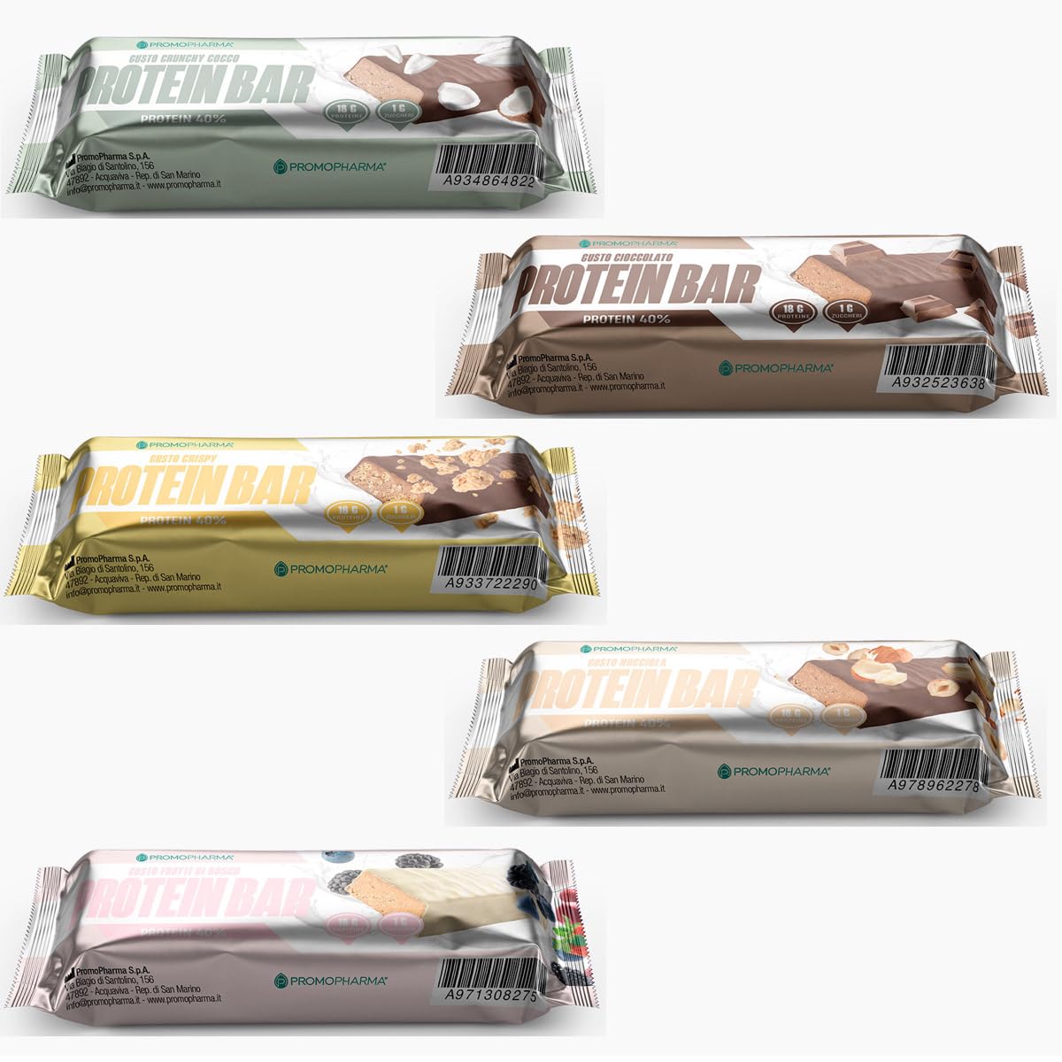 PromoPharma - Protein Bar 40% - 15 barrette proteiche da 45gr assortite nei gusti: Frutti di Bosco, Cioccolato, Crispy, Nocciola, Crunchy Cocco
