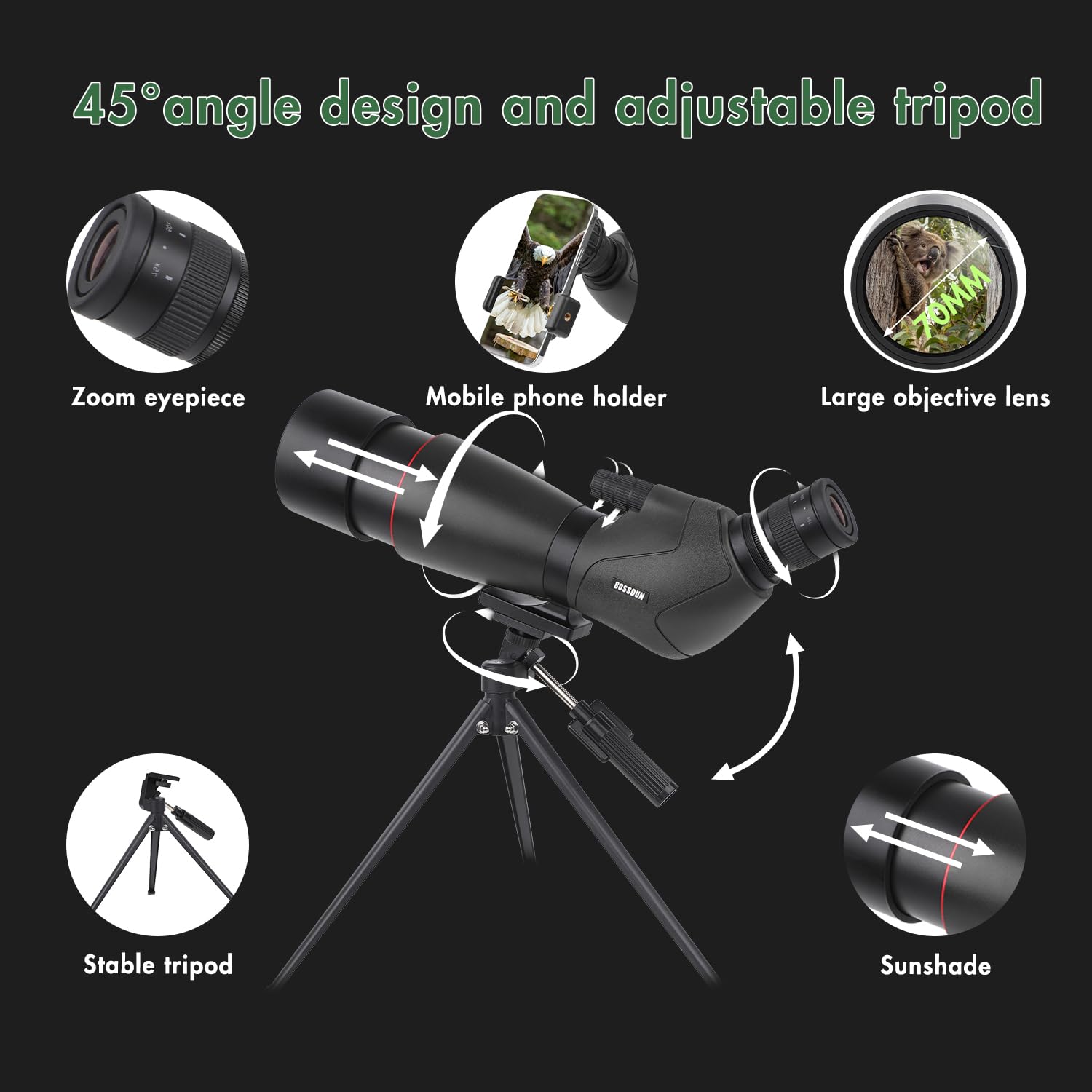25-75X70 Telescopios para Tiro al Blanco - Telescopio HD con trípode, Bolsa de Transporte y Soporte para Smartphone - BAK4 Telescopio HD para observación de Aves, Caza y Vida Salvaje