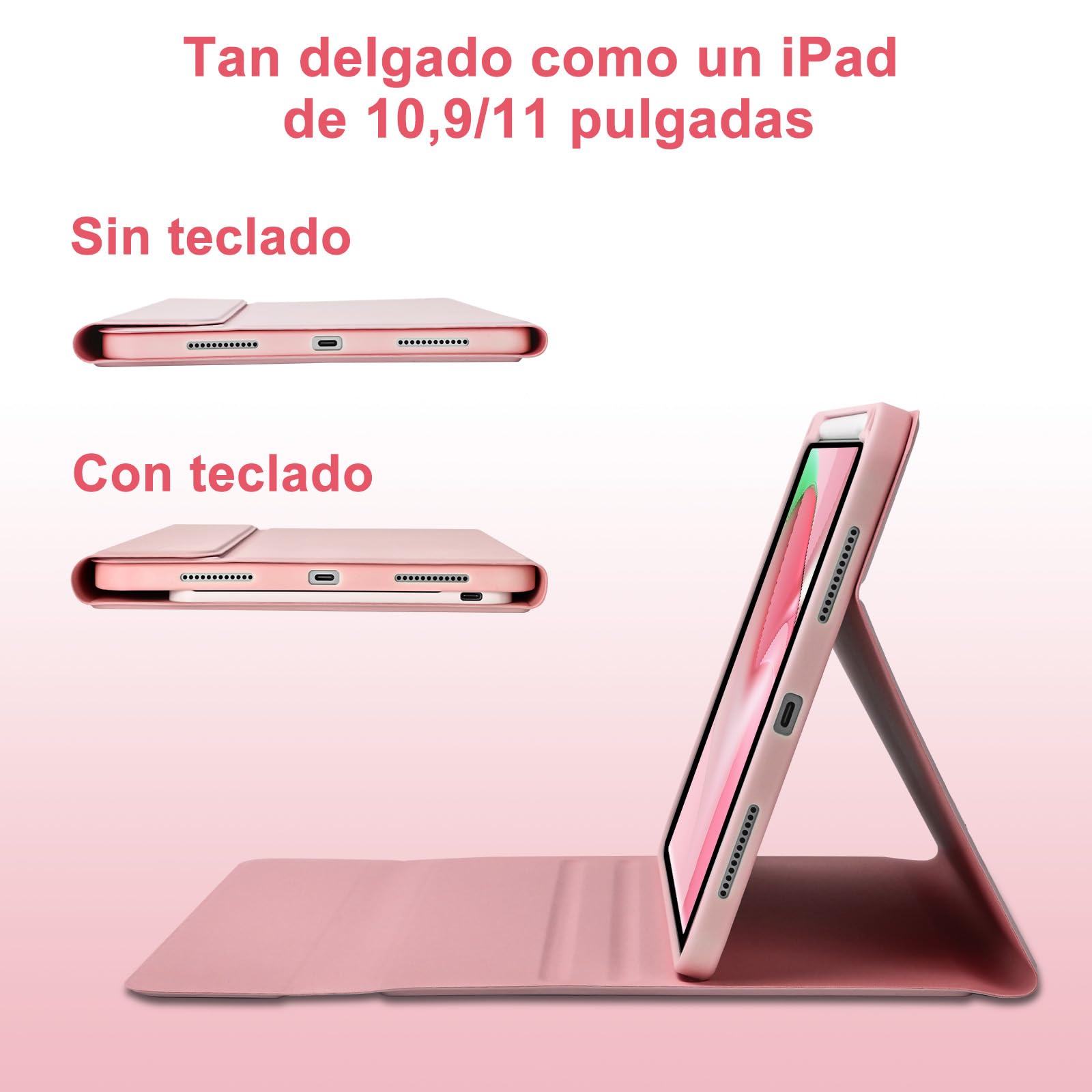 MMK Funda con Teclado para iPad A16 11ª Generación 2025/10ª Generación 2022, QWERTY Español Ñ, Funda Teclado iPad 11/10 Gen Bluetooth Inalámbrico Desmontable (Rosado)