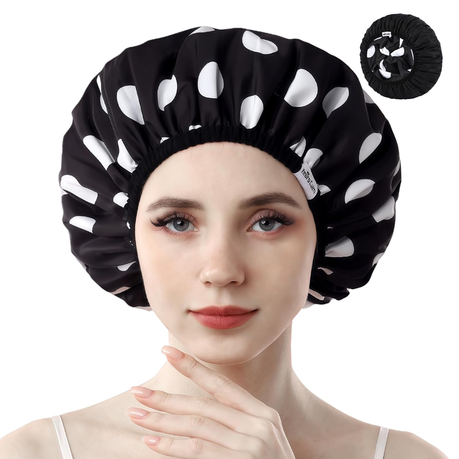 years calm shower caps for women reusable waterproof?pattern and solid color dual-layer design for dual-layer usable?protects hair in shower, spa, cooking, clean & travel (black, extra large) black extra large