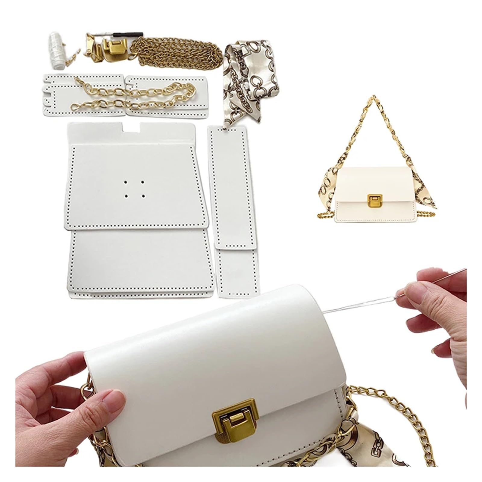 Juego de bolsos hechos a mano, costura a, artesanía cuero, kit bricolaje, fabricación, caja cuadrada, material | Num1 White
