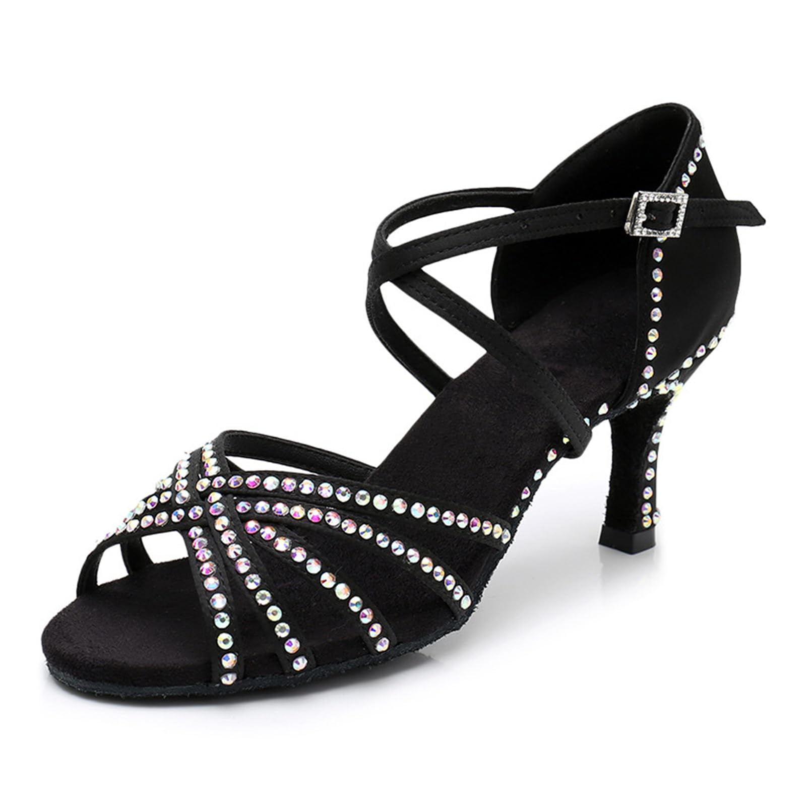 Nowe buty do tańca latynoskiego z diamentową wkładką dla kobiet dorosłych na środkowym obcasie miękka podeszwa buty do tańca wysoki obcas z diamentowymi butami do tańca Cha-cha, Czarny 7 cm, 36.5 EU