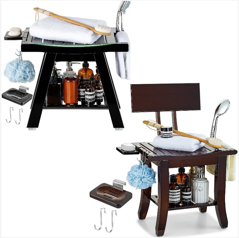 ETECHMART A-Shaped Shower Bench + Shower Bench with Back (Espresso+Walnut)