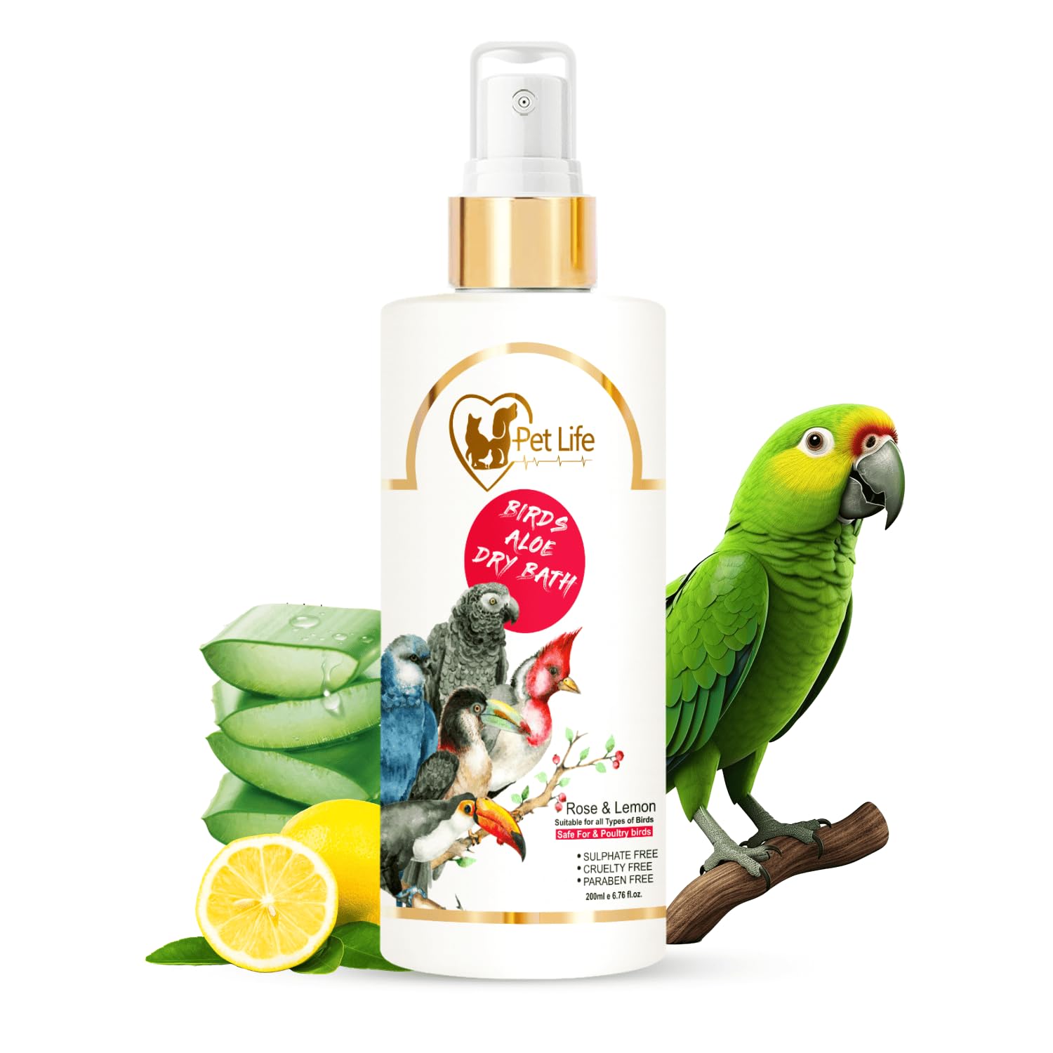 PETLIFE Organic & Ayurvedic Birds Aloe Dry Bath Shampoo Dry/Spray For Poultry Birds, Parrots, Chick, Hen, Pigeon, Duck- Natural Ingredients For Cleaner & Shinier Coat- All Bird Types-200 Milliliter