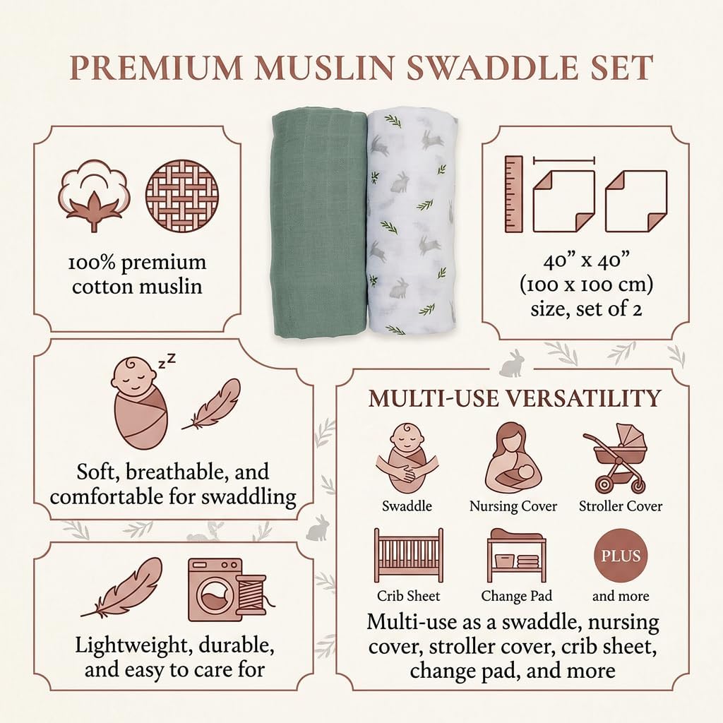 Lulujo Baby Swaddle Blankets | Unisex Softest Breathable Cotton Muslin Swaddle Blanket Set | Neutral Receiving Blanket for Girls & Boys | 40in x 40in | Bunnies& Fern | 2-Count