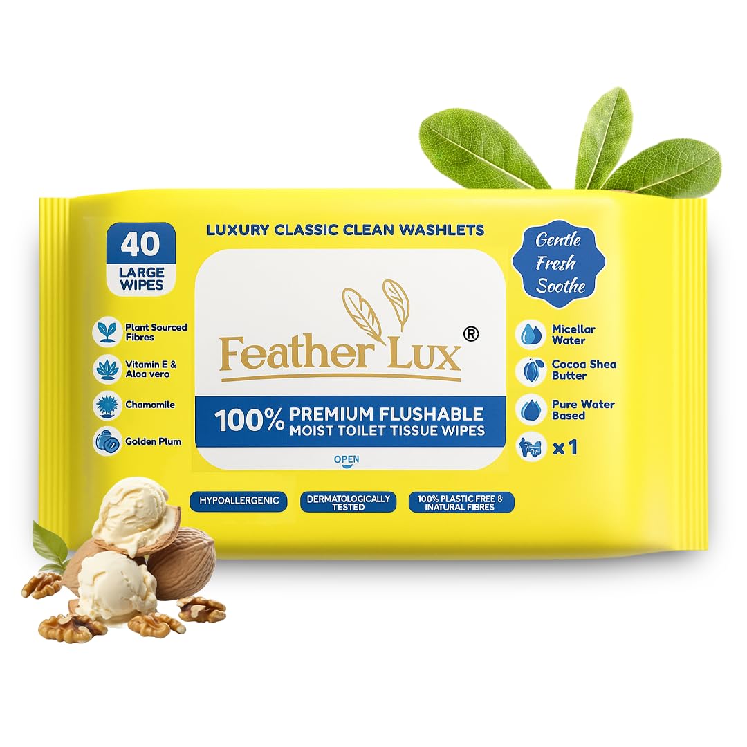 Wet Wipes for Adults - Flushable Toilet Wipes with Micellar water, 40 Large Toilet Wipe Flushable | Cocoa & Shea Butter, Biodegradable Wipe