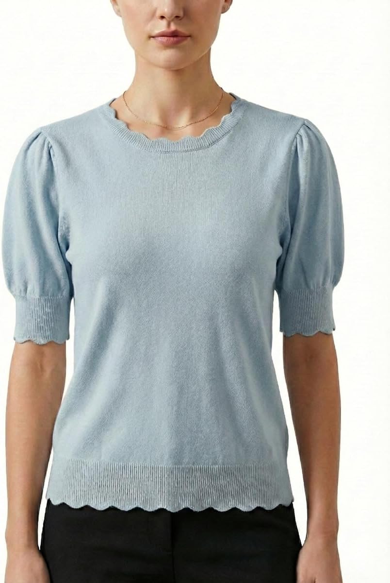 Short Sleeve Sweater for Women Pullover Knit Tops Scalloped Crewneck Puff Sleeve 2026 - Image 8