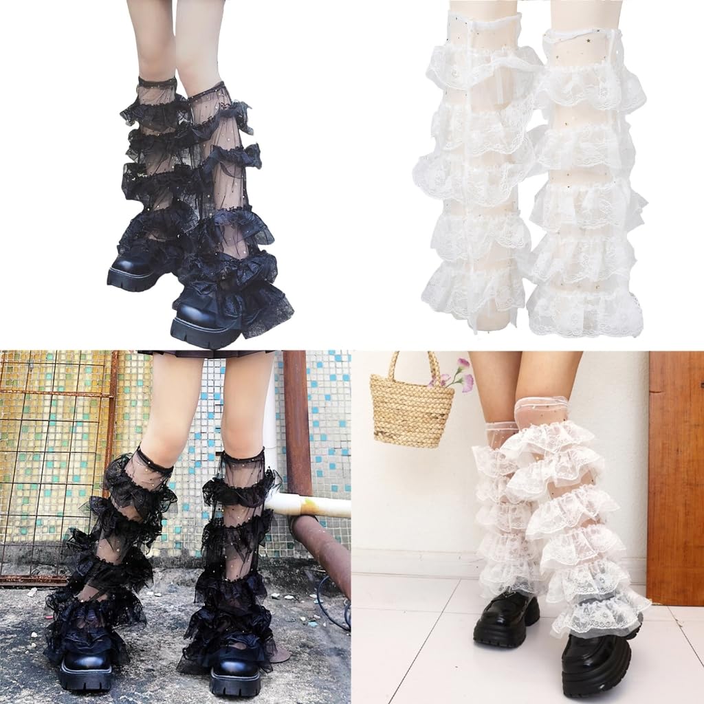 Women Tiered Ruffle Lace Leg Warmer Sweet Thigh Highs Leg Socks Baggy Cuffs Ankle Heap Socks Meshes Flared Leg Sleeves