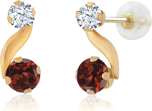 Gem Stone King Aretes de oro amarillo de 14 quilates, granate rojo y zafiro blanco creado para mujer, 1.00 quilates Piedra natal de piedras