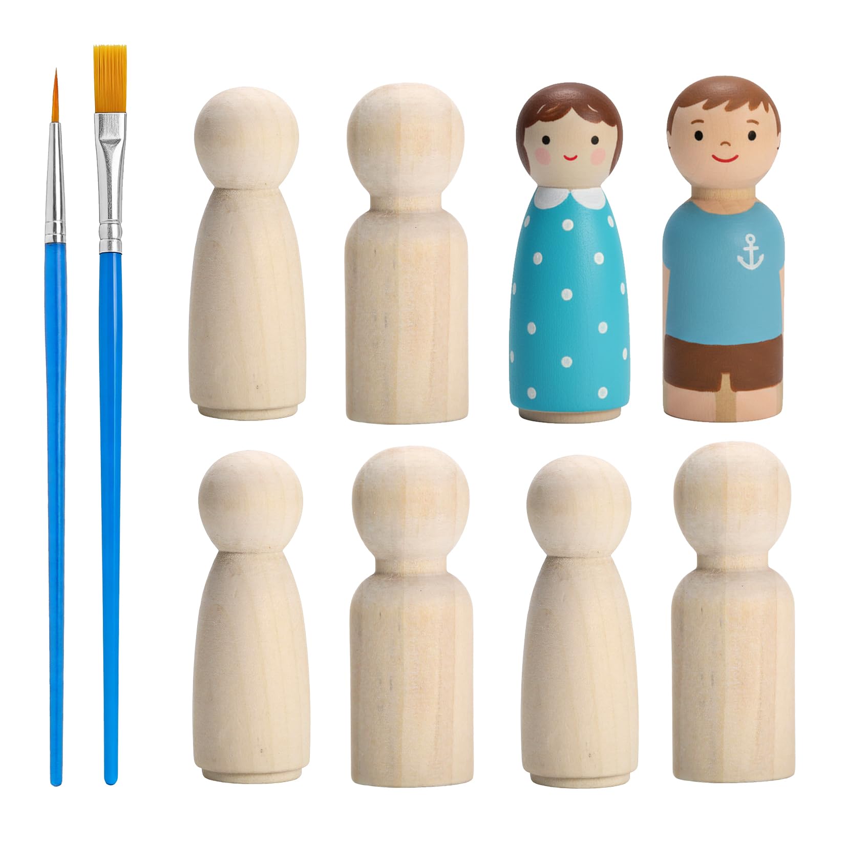 20 PcsWooden Pegs Craft, Unfinished Wooden Peg Dolls, 65mm Male/Female Natural Wooden People Figures, Decorative Plain Wood Dolls for DIY Arts and Crafts, Weddings, Parties, with 2 Brushes